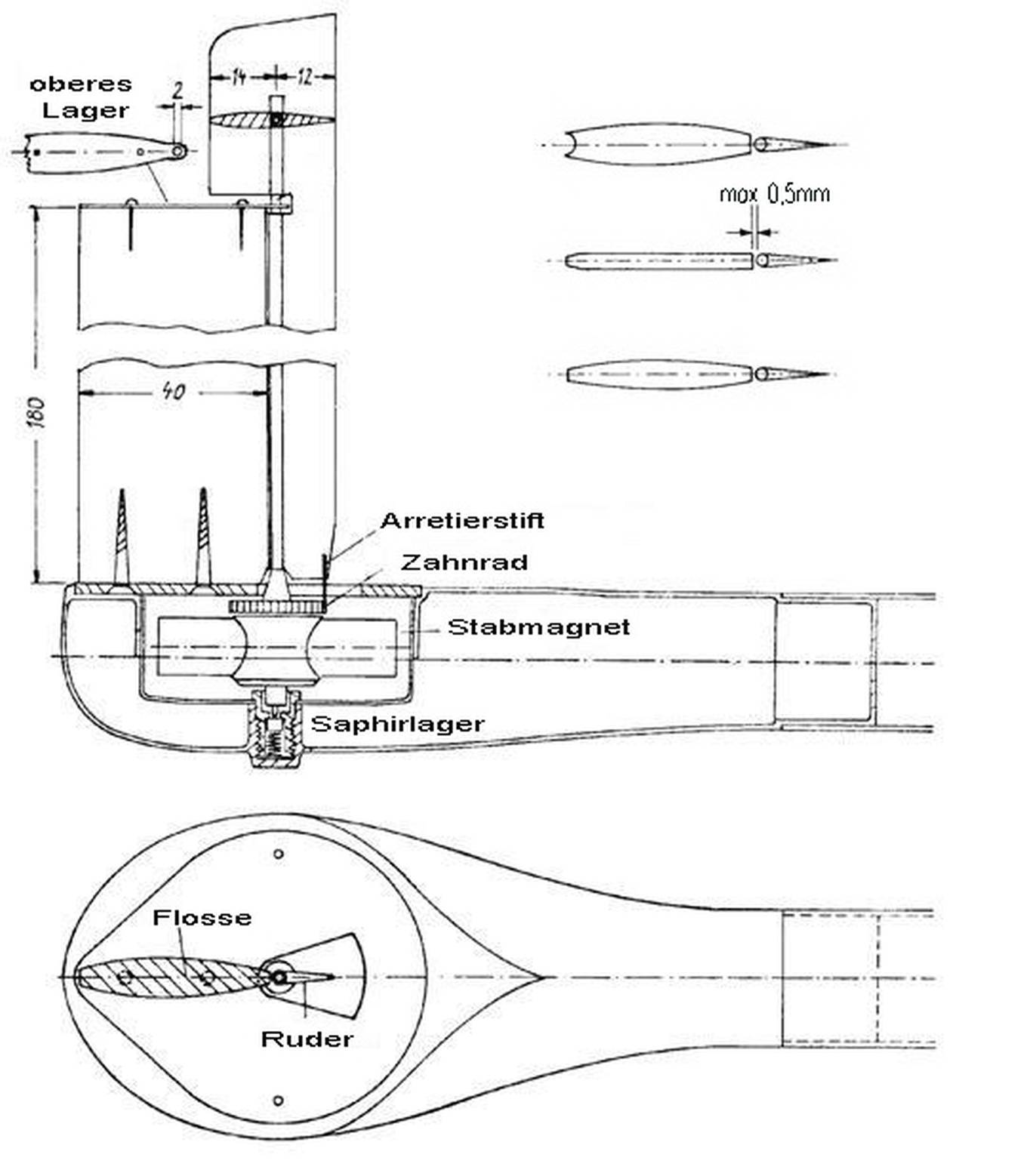 Steuerkopf eines F1E-Modells mit Stabmagnet, Steuerhorn und Ruderblatt F1E Steuerung